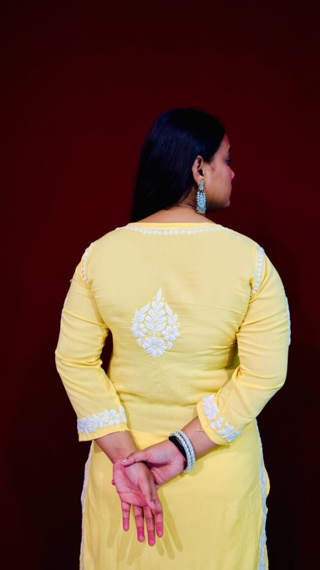 Yellow Modal Fabric 6D ghasspatti chikankari kurti - Image 3