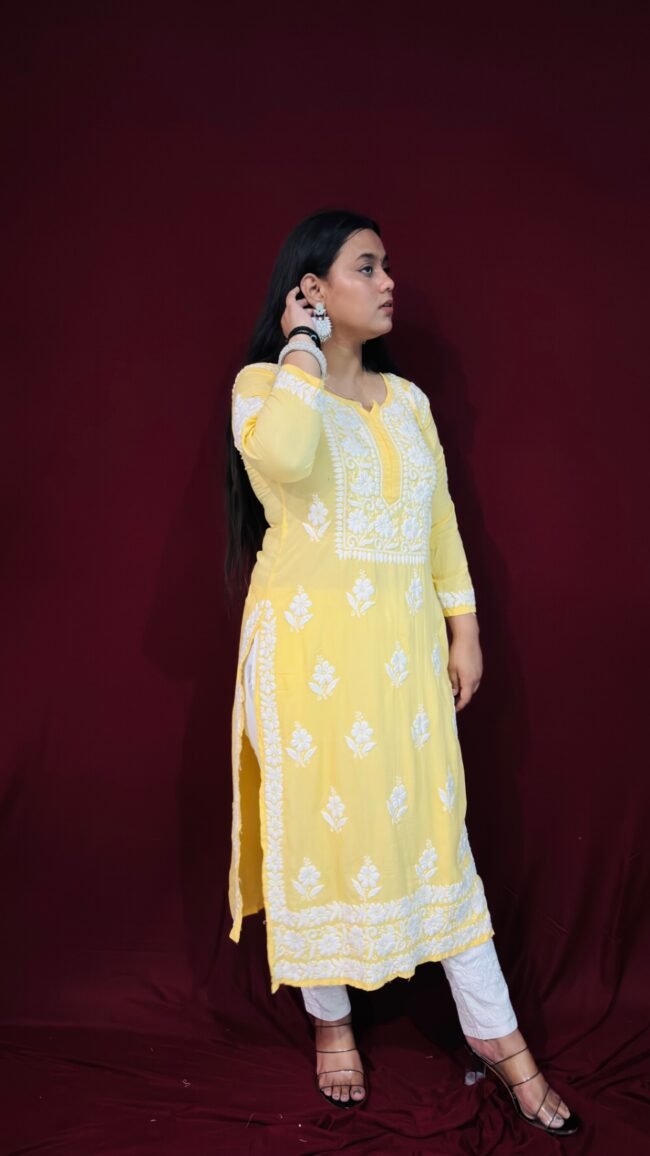 Yellow Modal Fabric 6D ghasspatti chikankari kurti - Image 2