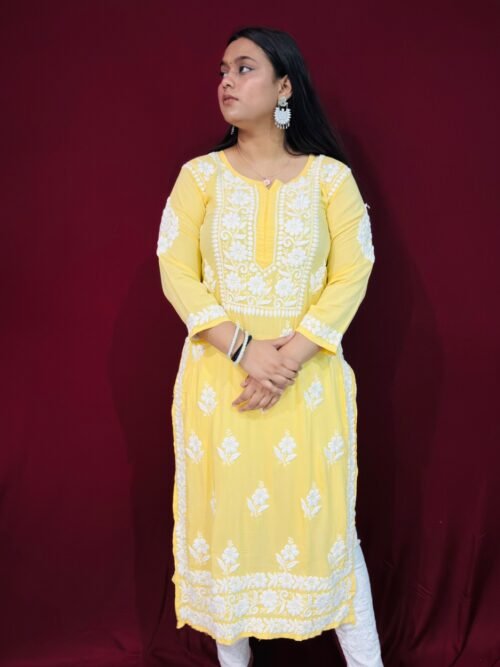 Yellow Modal Fabric 6D ghasspatti chikankari kurti