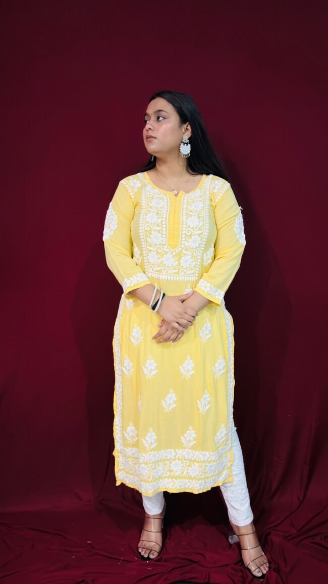 Yellow Modal Fabric 6D ghasspatti chikankari kurti