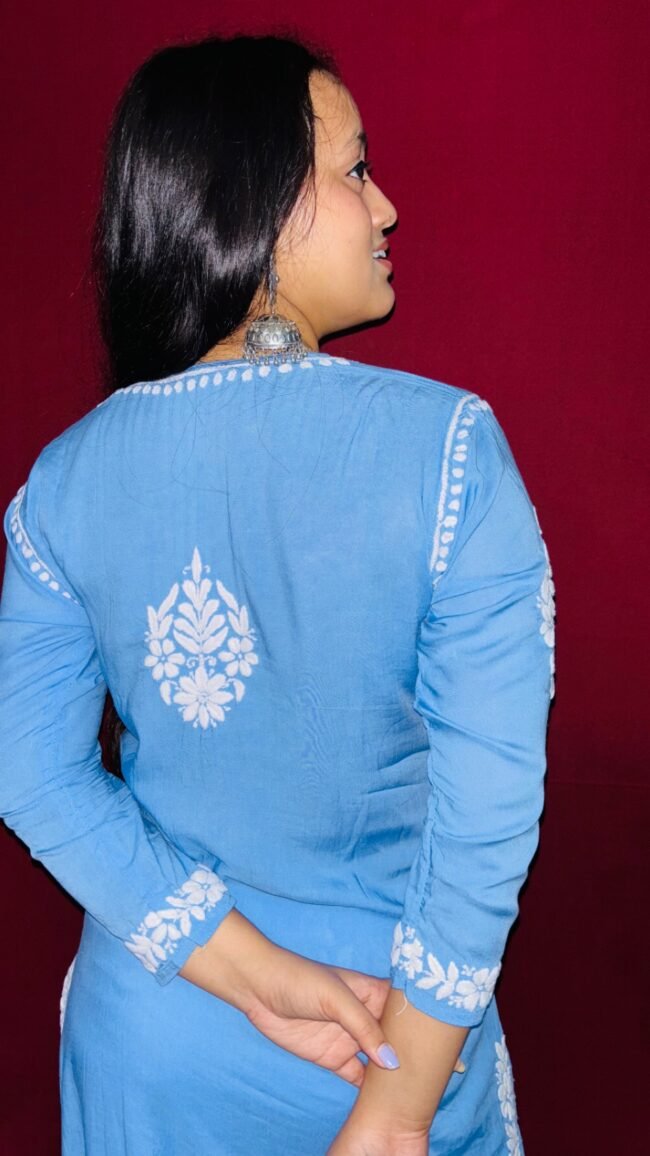 Beautiful Blue Modal Fabric 6D ghasspatti chikankari kurti - Image 3