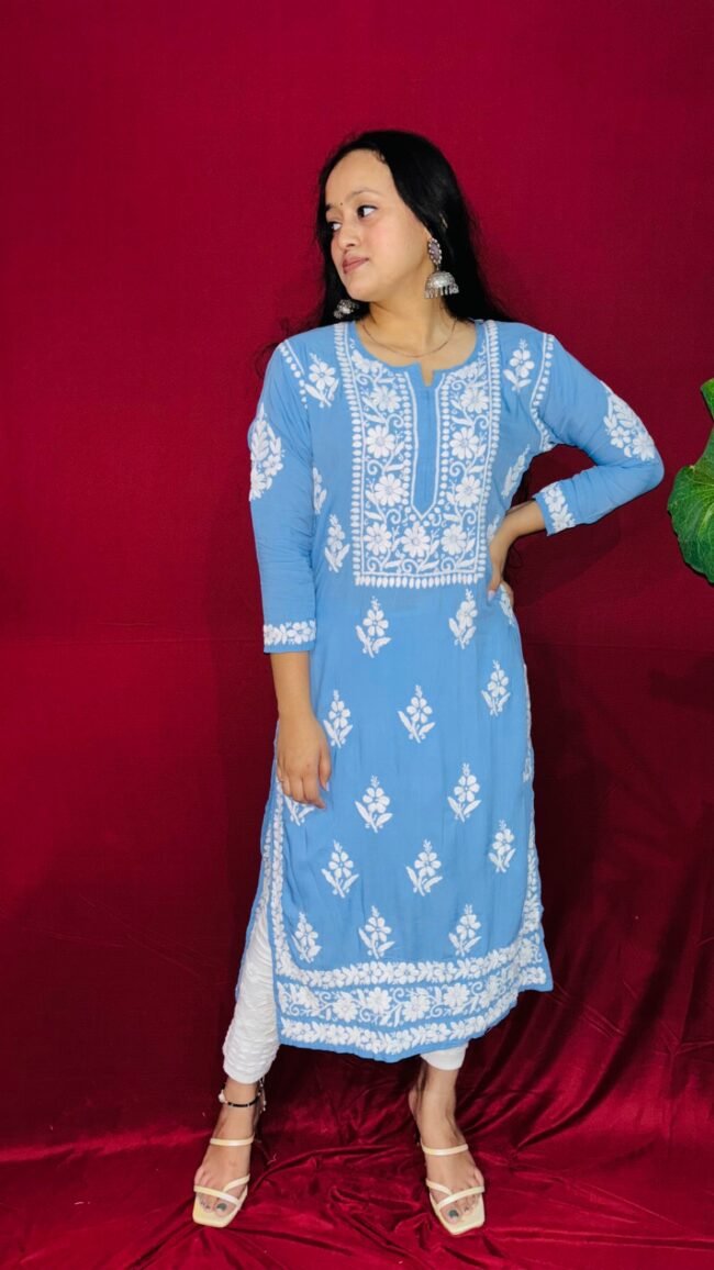 Beautiful Blue Modal Fabric 6D ghasspatti chikankari kurti