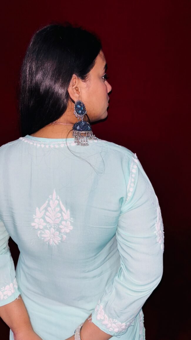 Beautiful Turquoise Modal Fabric 6D ghasspatti chikankari kurti - Image 3