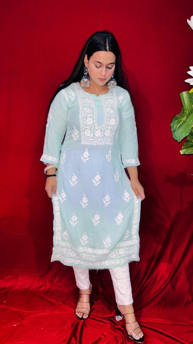 Beautiful Turquoise Modal Fabric 6D ghasspatti chikankari kurti - Image 2
