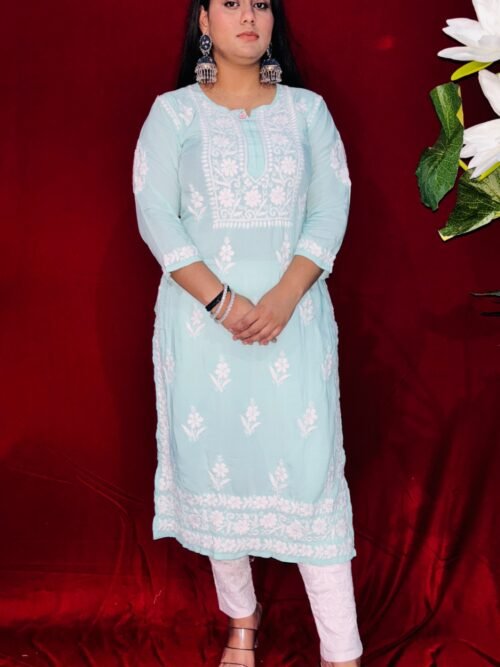 Beautiful Turquoise Modal Fabric 6D ghasspatti chikankari kurti