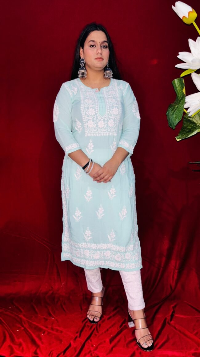 Beautiful Turquoise Modal Fabric 6D ghasspatti chikankari kurti