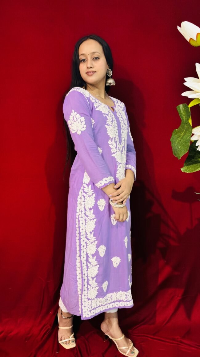 beautiful Purple 6D Modal fabric Chikankari Ghasspatti work Kurti - Image 3