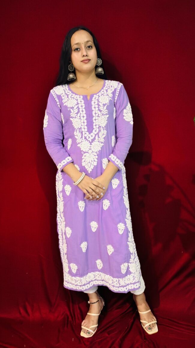 beautiful Purple 6D Modal fabric Chikankari Ghasspatti work Kurti - Image 2