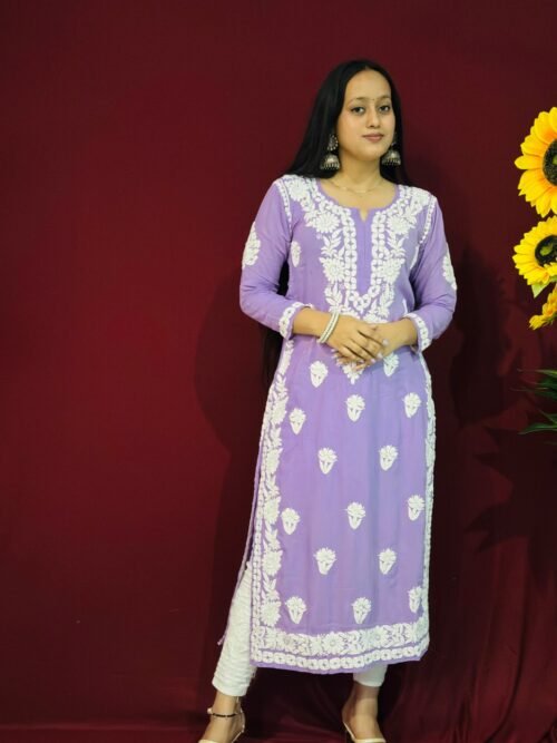 beautiful Purple 6D Modal fabric Chikankari Ghasspatti work Kurti