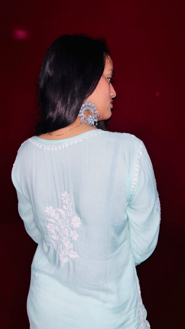 Turquoise Modal fabric 6D ghasspatti work chikankari kurti - Image 4