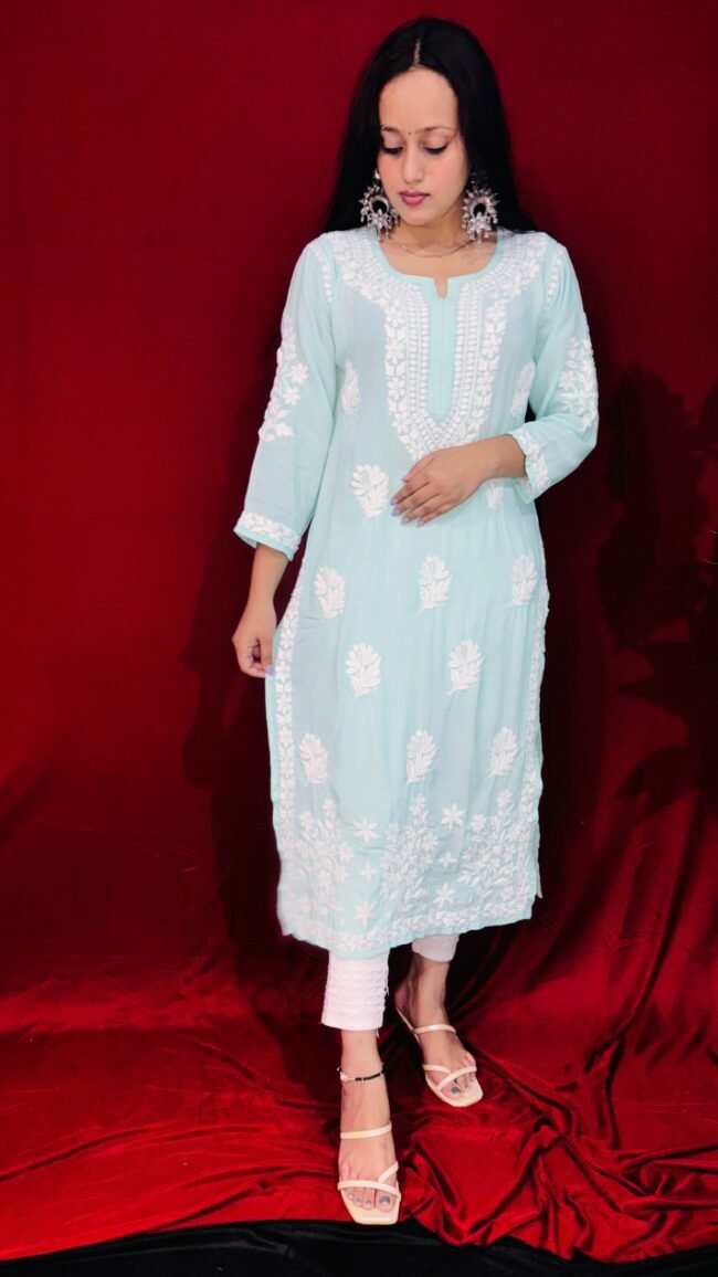Turquoise Modal fabric 6D ghasspatti work chikankari kurti - Image 3