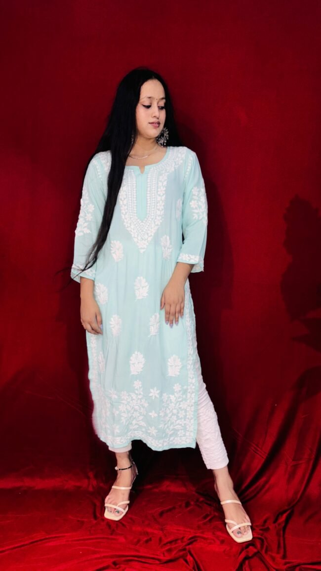 Turquoise Modal fabric 6D ghasspatti work chikankari kurti - Image 2