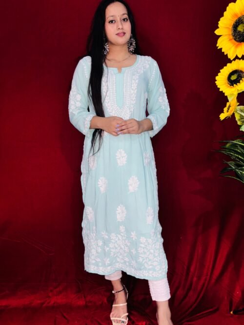 Turquoise Modal fabric 6D ghasspatti work chikankari kurti