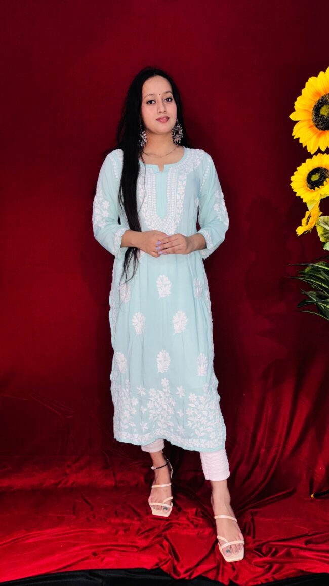 Turquoise Modal fabric 6D ghasspatti work chikankari kurti