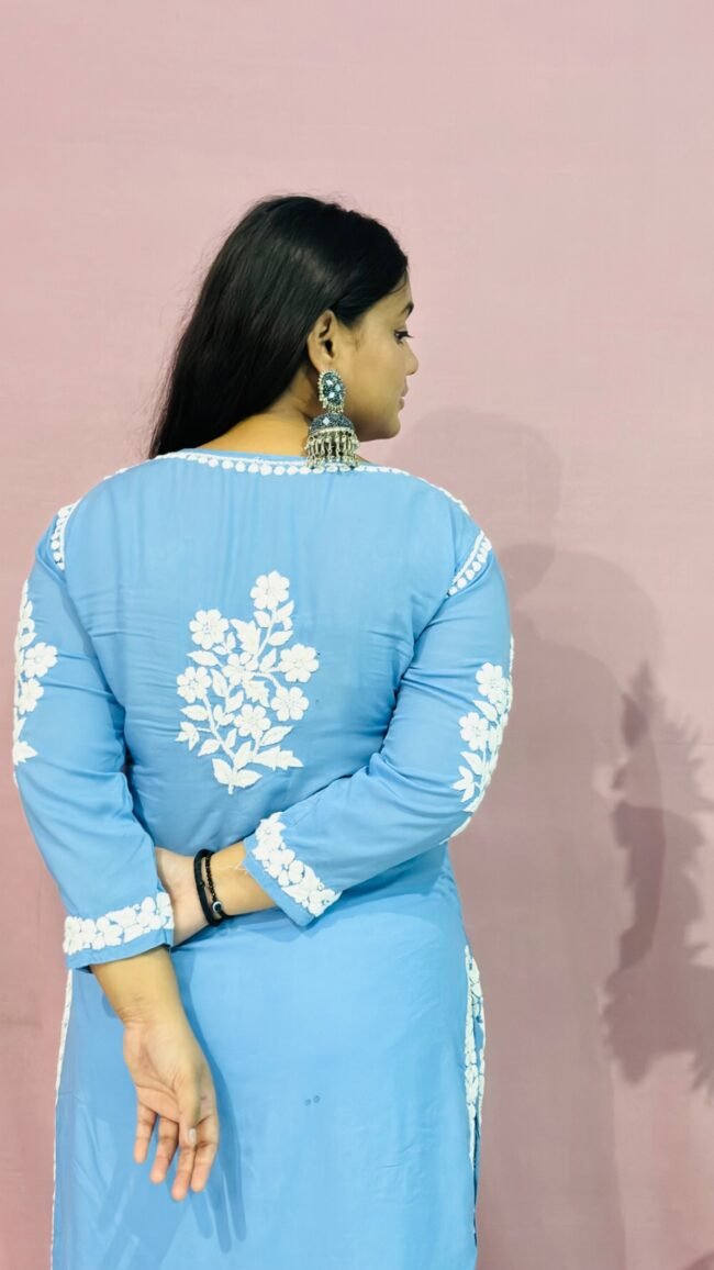 Blue Modal fabric 6D ghasspatti work chikankari kurti - Image 4