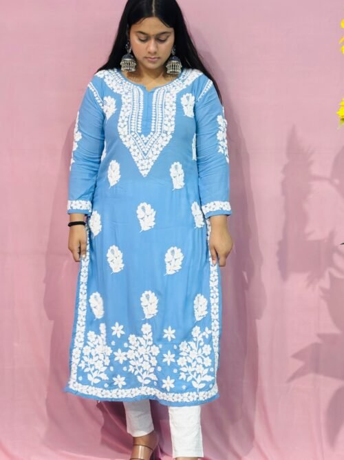 Blue Modal fabric 6D ghasspatti work chikankari kurti
