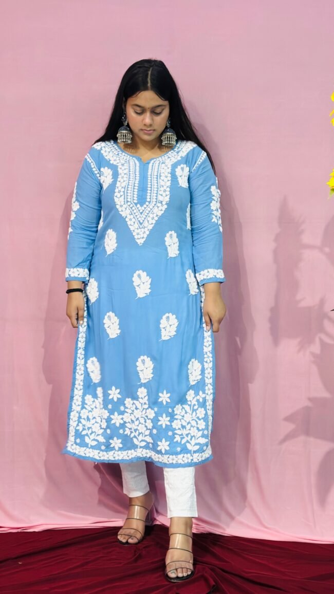 Blue Modal fabric 6D ghasspatti work chikankari kurti