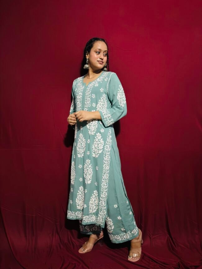 Best turquoise Modal fabric Premium 3D work co-ord set - Image 2