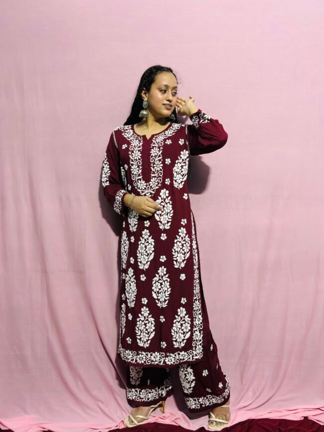 Maroon beautiful Modal Fabric Premium 3D work co-ord set - Image 4