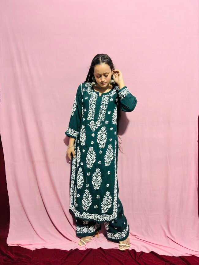 Bottle Green Modal fabric  Premium 3D work co-ord set - Image 3