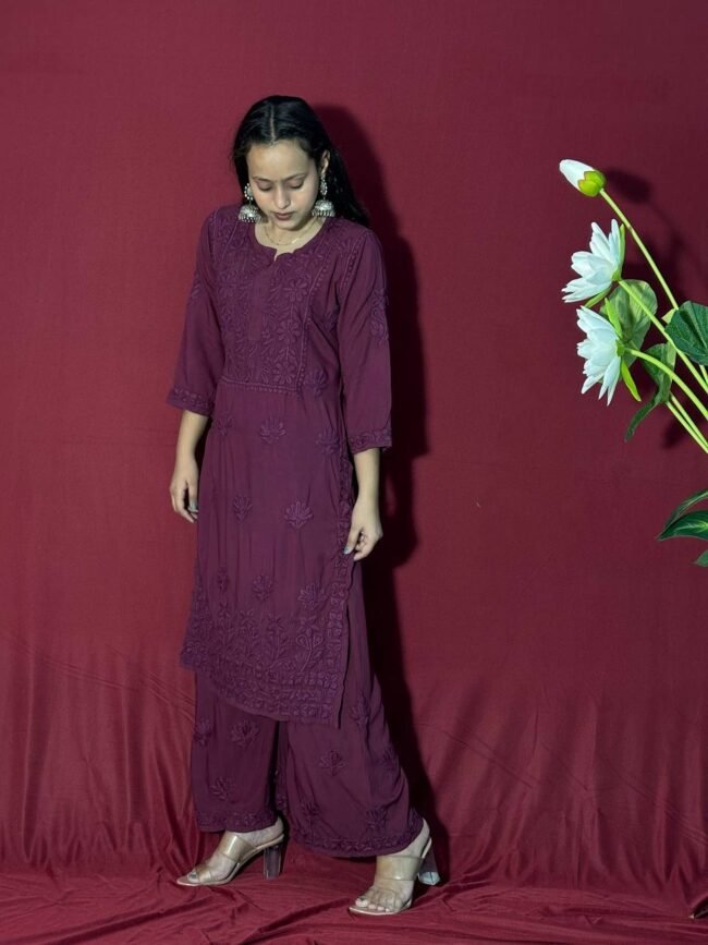 Pure Wine color Modal Fabric co-ord set 7D work - Image 2
