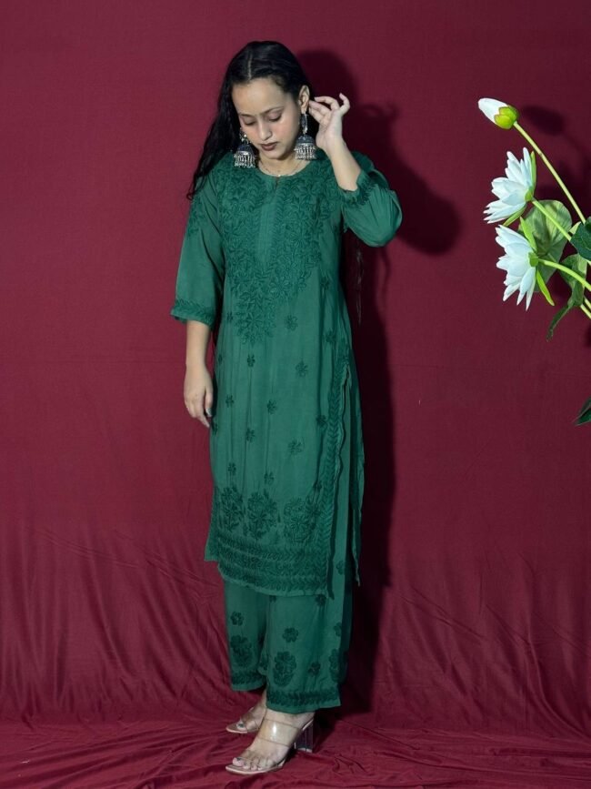 Bottle Green Modal Fabric Co-Ord Set 7D work - Image 3