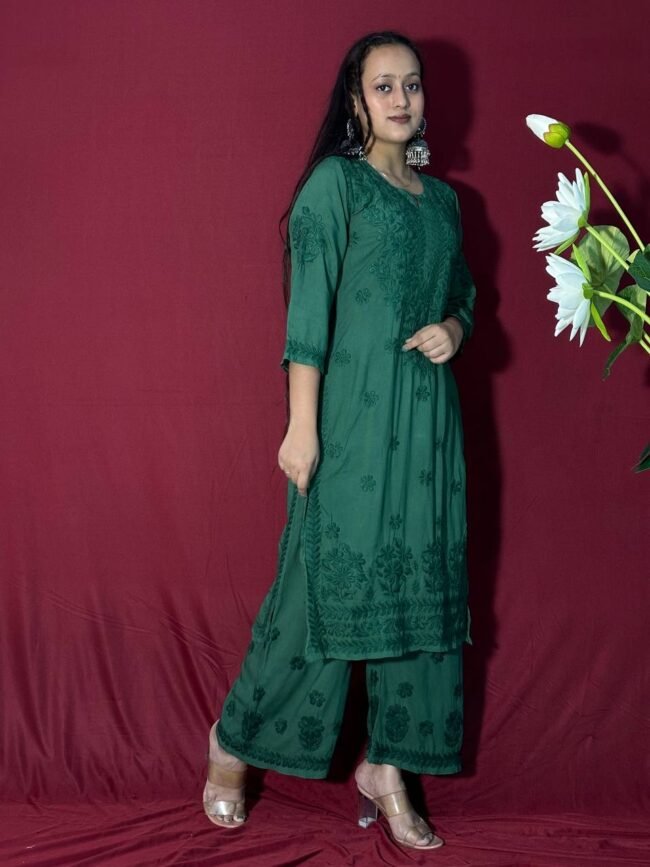 Bottle Green Modal Fabric Co-Ord Set 7D work - Image 2