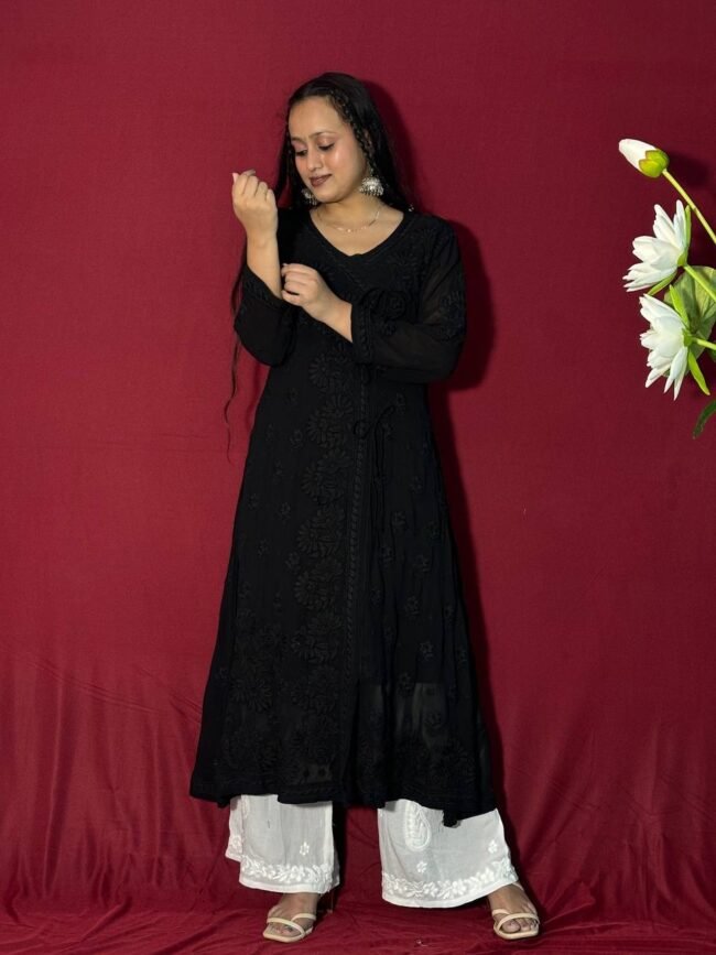 Pure Black Angrakha 6D Kurti with Ghasspatti work - Image 3