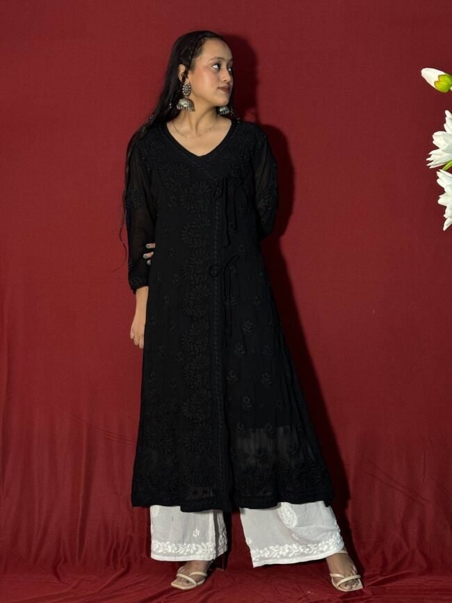 Pure Black Angrakha 6D Kurti with Ghasspatti work - Image 2