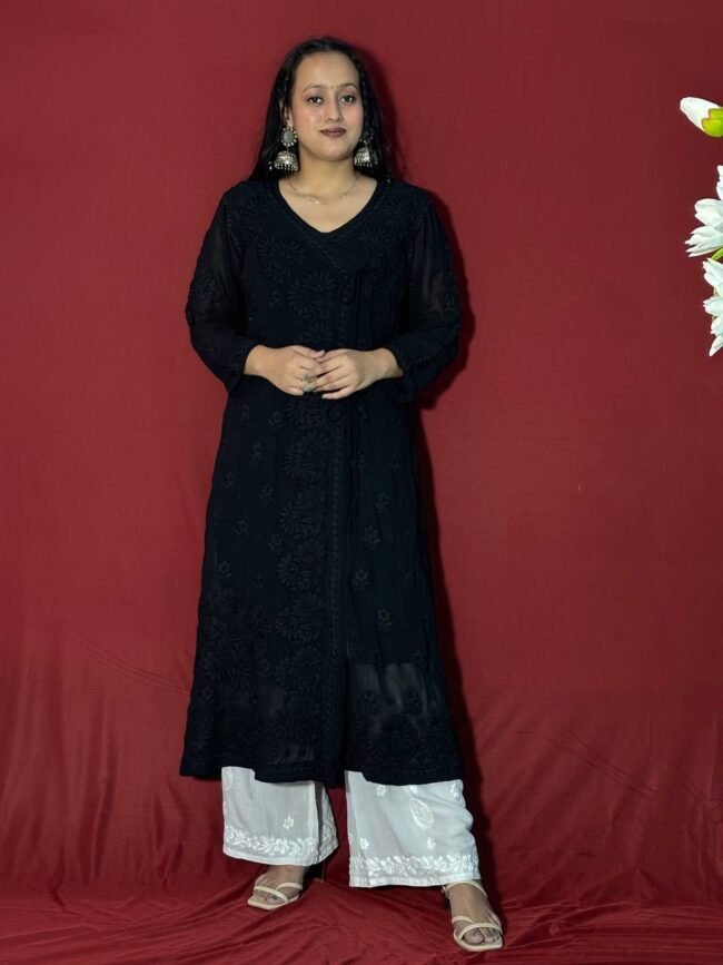 Pure Black Angrakha 6D Kurti with Ghasspatti work