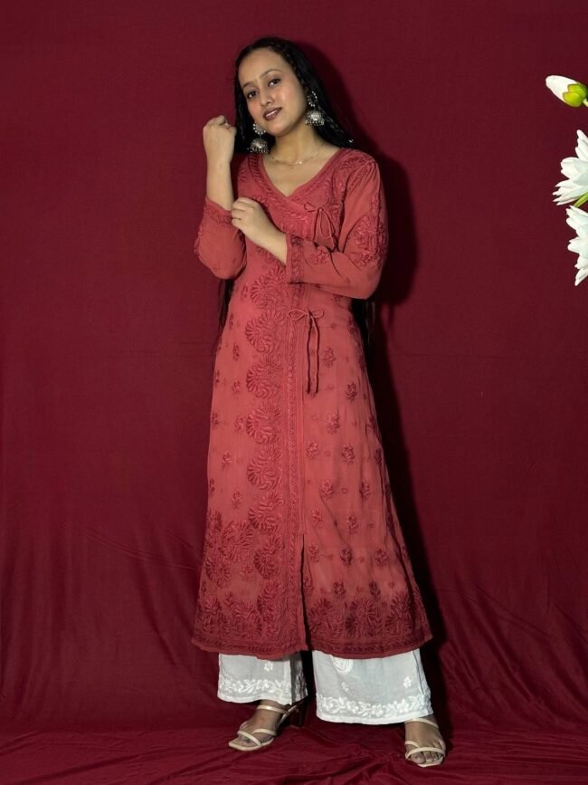 Red Angrakha 6D Kurti with Ghasspatti work - Image 3