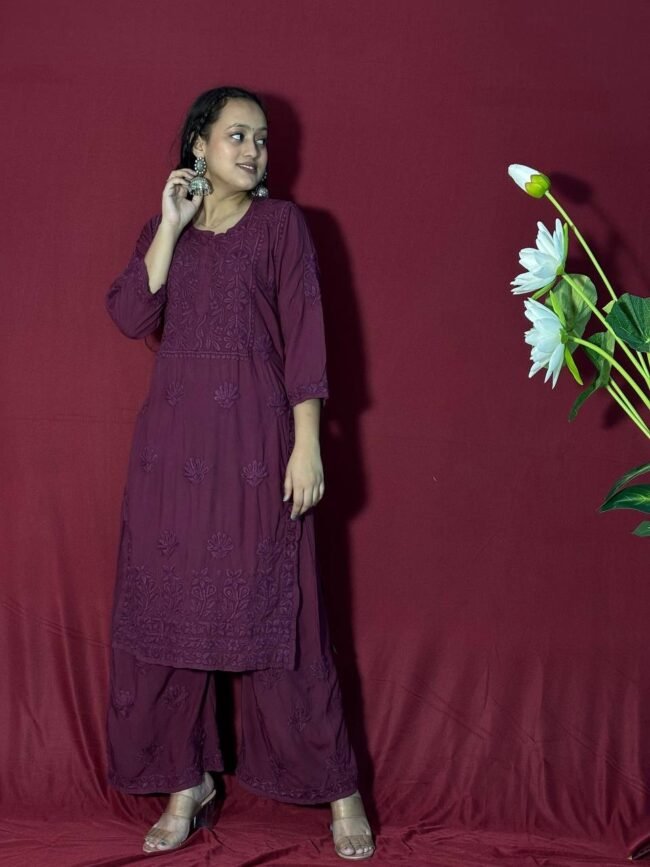 Pure Wine color Modal Fabric co-ord set 7D work - Image 3