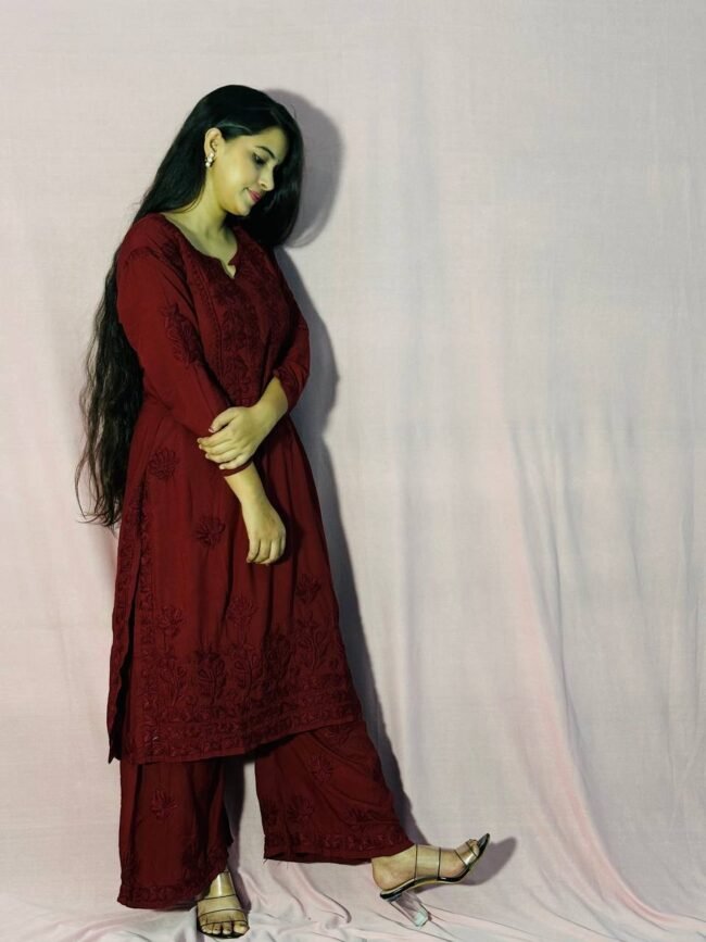 Maroon Modal Fabric Co-Ord Set 7D work - Image 3