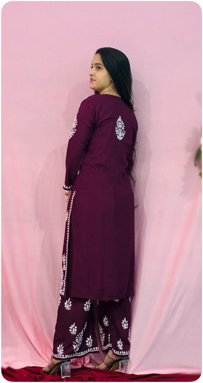 Maroon Rayon Fabric  Co-ord set ghasspatti work - Image 2