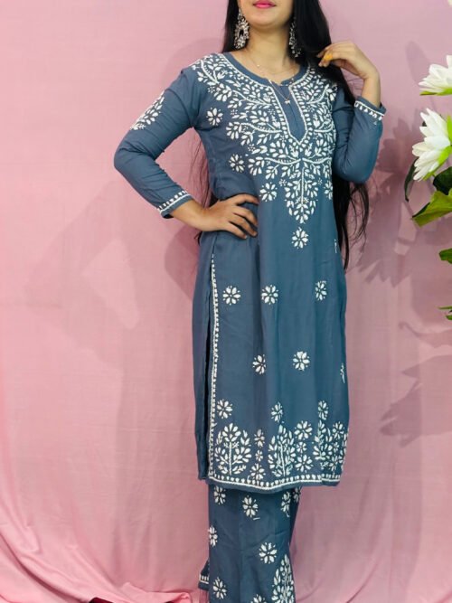 GREY & Red  Rayon Fabric Co-ord set ghasspatti work