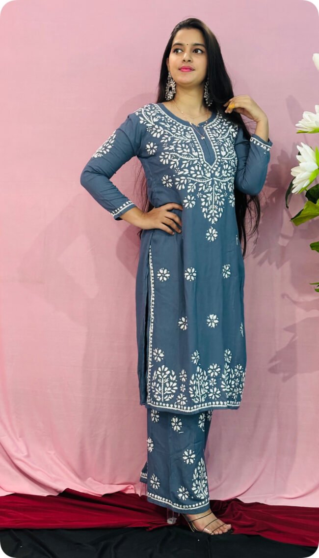 GREY & Red  Rayon Fabric Co-ord set ghasspatti work