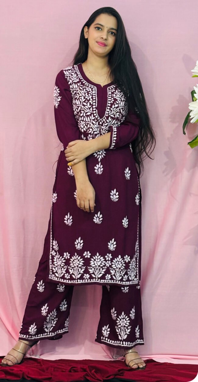 Maroon Rayon Fabric  Co-ord set ghasspatti work