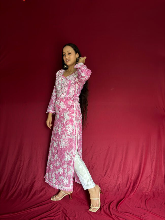 Pink- White Mul-Mul Fabric 3D Work Kurti Angrakha Style - Image 3