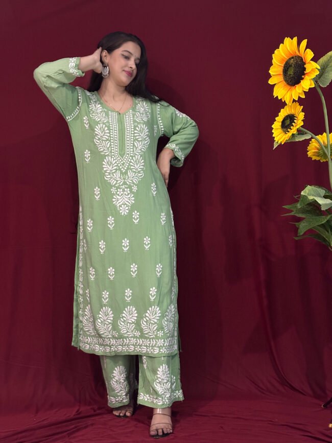 Light Green Modal Fabric co-ord set ghaspatti Work