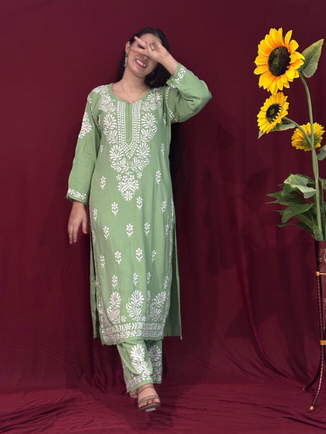 Light Green Modal Fabric co-ord set ghaspatti Work - Image 2
