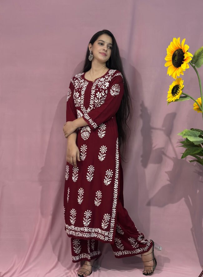 Light Maroon Modal Fabric co-ord set ghaspatti Work