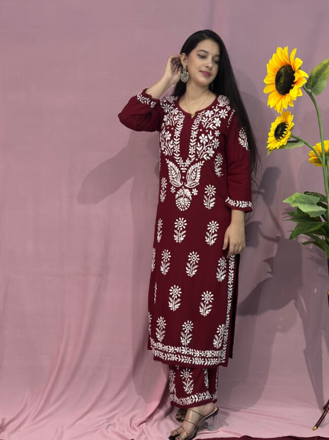 Light Maroon Modal Fabric co-ord set ghaspatti Work - Image 3