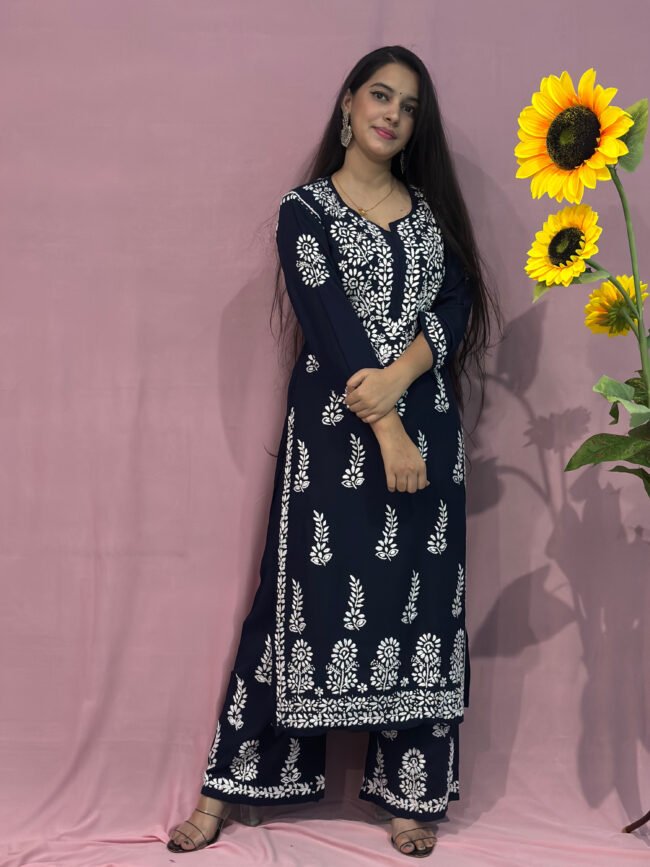 Navy Blue Modal Fabric co-ord set ghaspatti Work - Image 2
