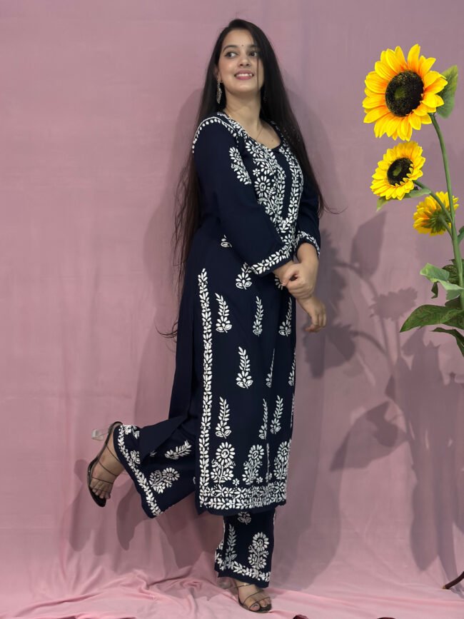 Navy Blue Modal Fabric co-ord set ghaspatti Work - Image 3