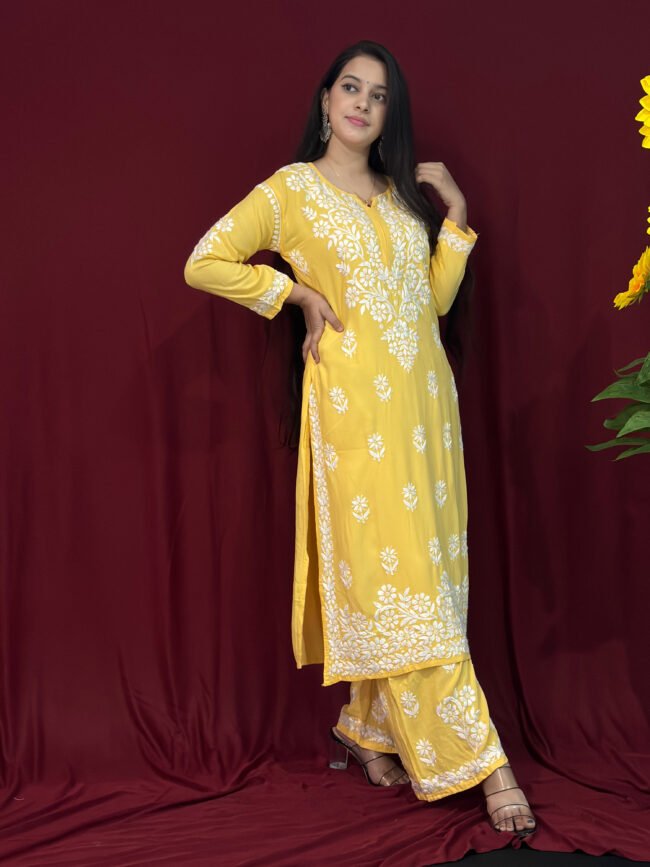 Yellow Modal Fabric co-ord set ghaspatti Work