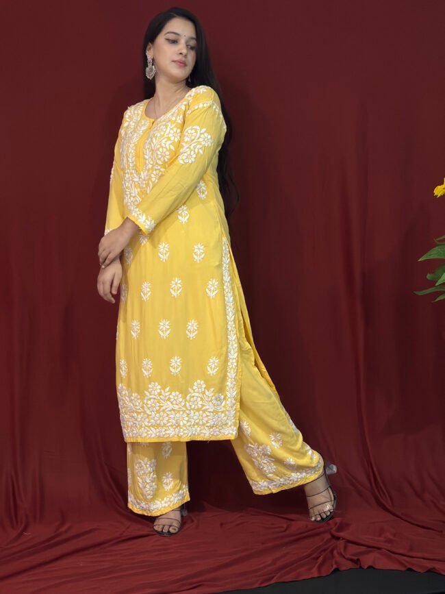 Yellow Modal Fabric co-ord set ghaspatti Work - Image 3
