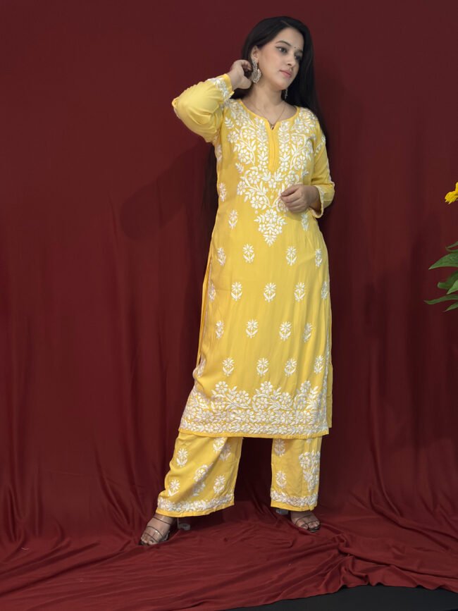 Yellow Modal Fabric co-ord set ghaspatti Work - Image 2
