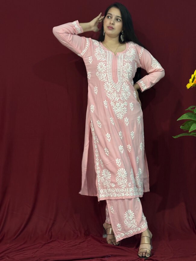 Baby Pink Modal Fabric co-ord set ghaspatti Work - Image 3