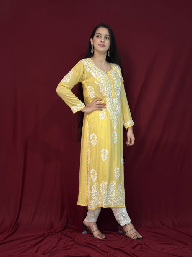 Yellow Modal Fabric 3D Work kurti Pattern-straight - Image 2