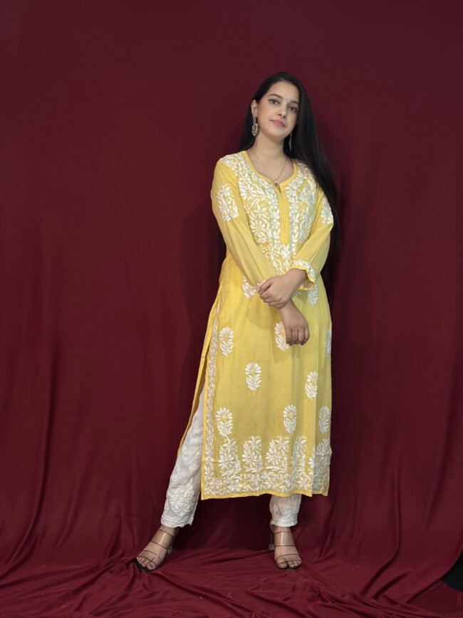 Yellow Modal Fabric 3D Work kurti Pattern-straight